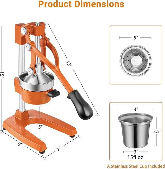TONGCHANT Cast Iron Manual Juicer for Orange Lemon Lime Pomegranate &Citrus | Heavy Duty Orange Juicer Squeezer, Hand Press Juicer, Citrus Press, Stainless Steel Cup, Easy to Clean, Orange - Image 4