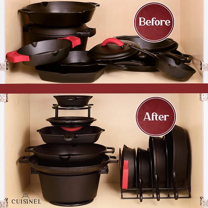 Cuisinel Pan Organizer for Cast Iron, 60-100LB, Extra Large 5-Tier Rack, Matte Black 15.9" - Image 4