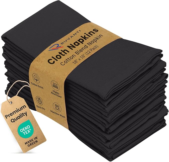 Ruvanti Cloth Napkins set of 12, 18x18 Inches Napkins Cloth Washable, Soft, Durable, Absorbent, Cotton Blend. Table Dinner Napkins Cloth for Hotel, Lunch, Restaurant, Weddings, Events, Parties - Black by Ruvanti