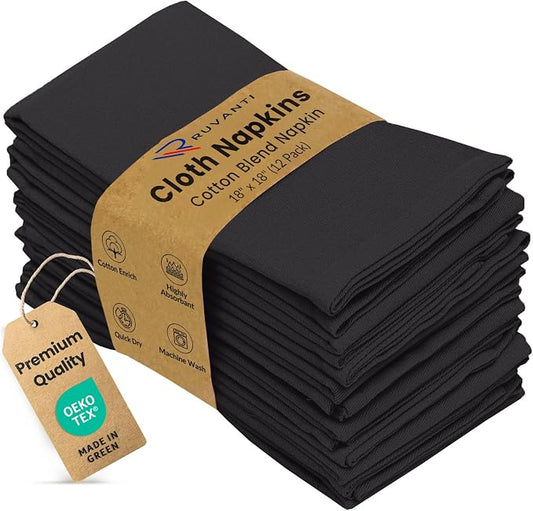Ruvanti Cloth Napkins set of 12, 18x18 Inches Napkins Cloth Washable, Soft, Durable, Absorbent, Cotton Blend. Table Dinner Napkins Cloth for Hotel, Lunch, Restaurant, Weddings, Events, Parties - Black by Ruvanti