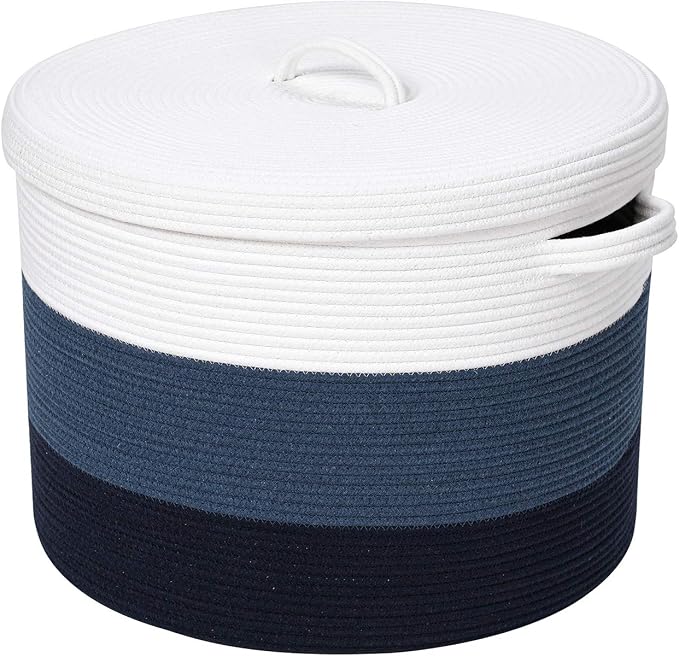 20x15 Inch Extra Large Round Cotton Rope Storage Basket with Lid, Decorative Woven Bin with Cover for Living Room Bedroom Closet, Blue & Deep Blue - Image 5