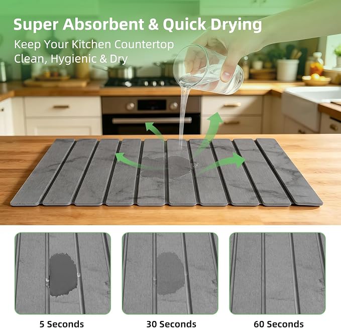 Large Stone Dish Drying Mat for Kitchen Counter, 24"×16" Foldable Quick Drying Mat, Absorbent Diatomaceous Earth Drying Mat for Bottles Cups Dishes, Match Any Countertop (Dark Gray Marble, 24" x 16") - Image 2