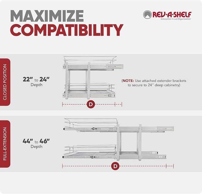 Rev-A-Shelf Pullout Organizer for Cabinets, Min Opening Width of 24" | Two-Tier Steel Shelf for Kitchen or Vanity Cabinet Organization, Heavy Gauge Wire Slide Out Storage Basket, 5WB2-2422-CR-1 - Image 8