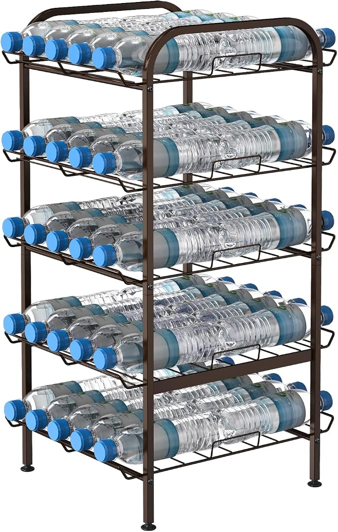 smusei 5 Tier Water Bottle Organizer Vertical Free Standing Storage Shelf Metal Beverage Rack Dispenser Large Capacity Bottled Water Holder Stand for Kitchen Party Pantry, Bronze by smusei