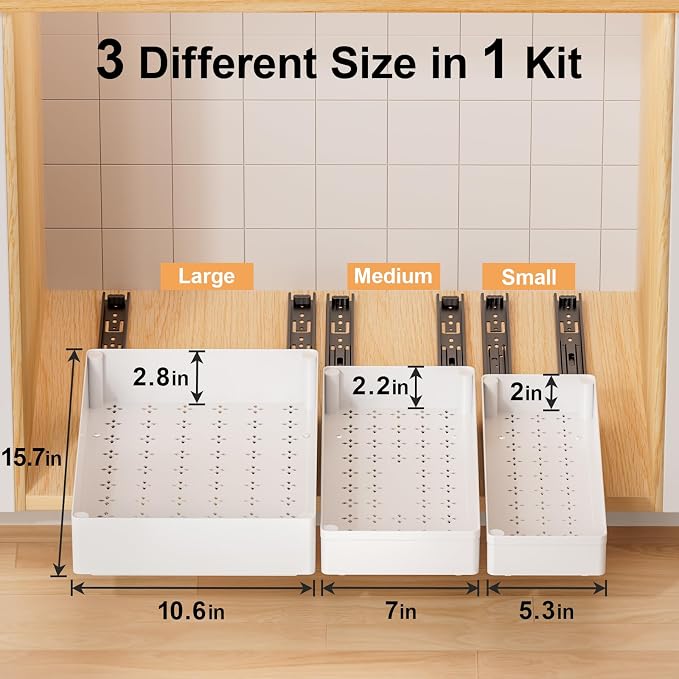 Delamu 3 Pack Pull Out Cabinet Organizer, 15.7"Deep Pull Out Drawers for Cabinets, Slide Out Drawers for Kitchen Cabinets, Bathroom Cabinet Organizer, Pantry (White) - Image 2