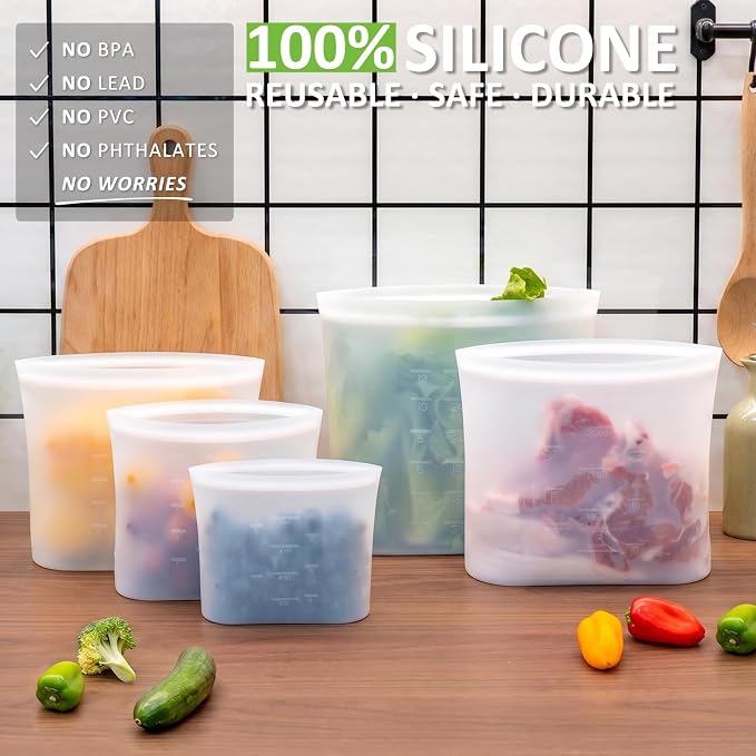 100% Silicone Reusable Storage Bag, 9 Pack Stand-Up Wide-Mouth Zip-Lock Food Storage Bags, Easy-Fill Easy-Open Easy-Clean Space-Saving, Microwave & Dishwasher Safe, 1 XL/3 L/1 M/3 S/1 XS, Translucent - Image 2