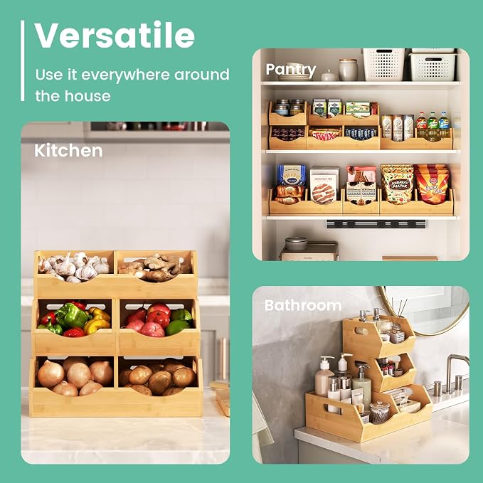 Onion Storage Bins Potato, 3 Tier Bamboo Pantry Storage Bin Stackable Ventilated Kitchen Organizer for Pantry, Countertop, Bathroom, Space-Saving, Easy Access Handle Natural Brown(Assembly Required) - Image 4
