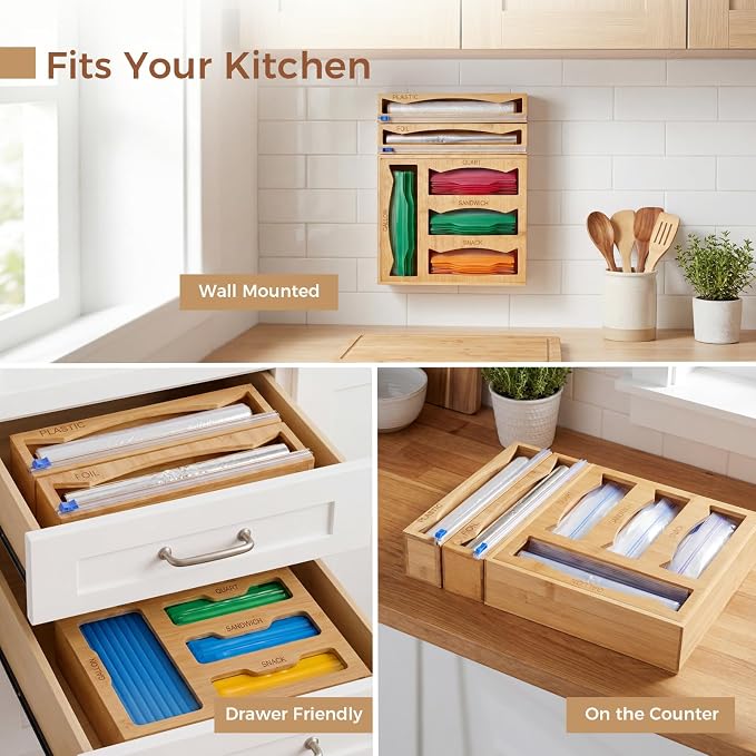 6-in-1 Bamboo Kitchen Drawer Organizer for Storage Bag, Foil & Plastic Wrap - Image 7