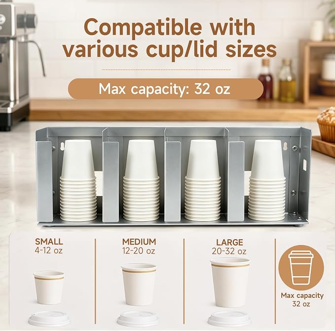 4 Compartments Stainless Steel Cup Dispenser | Adjustable Divider Organizer for Cups and Lids for Kitchen Coffee Bar Restaurant and Office Breakroom - Image 3