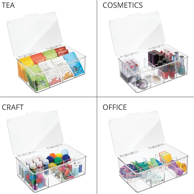 mDesign Tea Bag Single Serve Pouch Divided Box Holder Organizer, Clear - Image 7