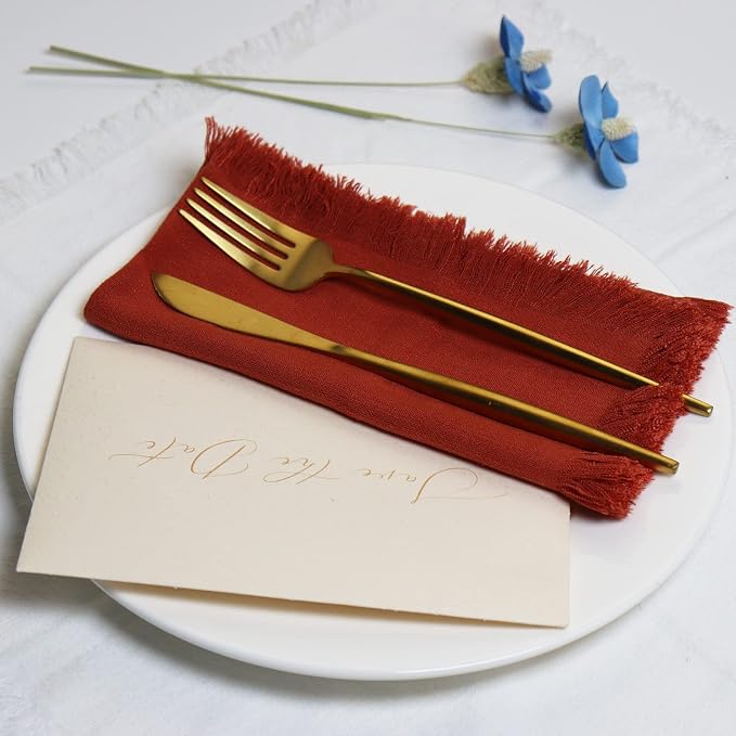 Handmade Cloth Napkins with Fringe,18 x 18 Inches Cotton Linen Napkins Set of 4 Versatile Handmade Square Rustic Fringe Napkins for Dinner, Wedding and Parties, Terracotta - Image 2