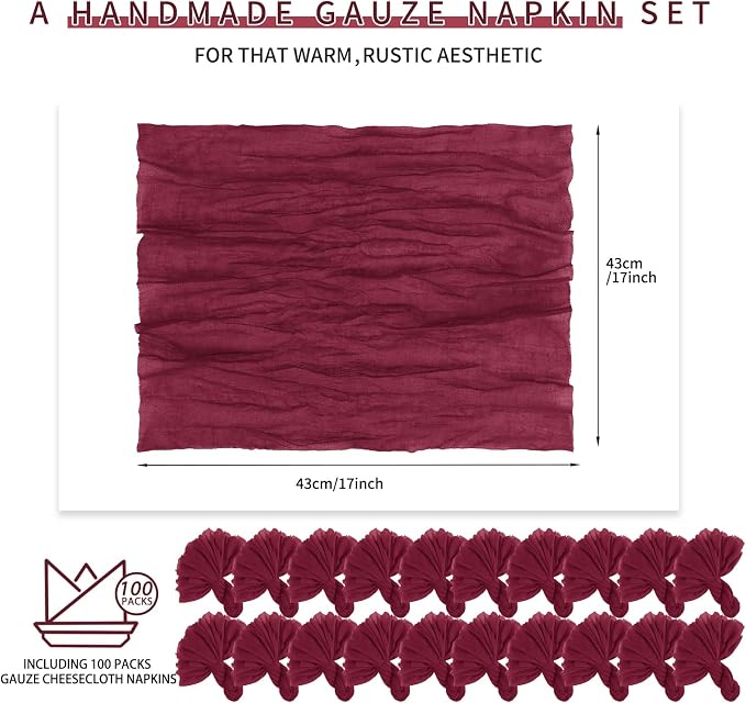 100 Pieces Cloth Napkins Burgundy Dinner Cheesecloth Napkins for Wedding,Wrinkled Cloth Napkins Bulk for Home Party Rustic Table Decoration, 17 x 17 Inch - Image 2
