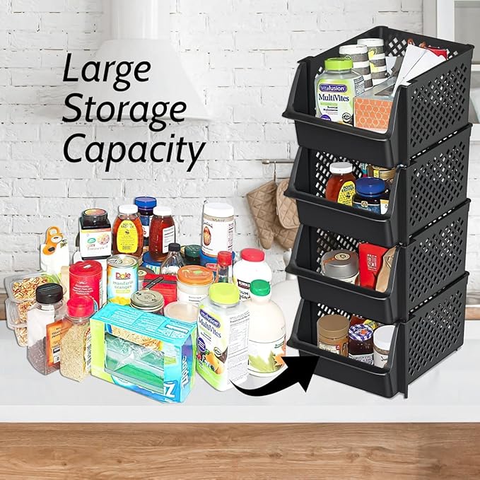 Skywin Stackable Storage Bins Open Front for Pantry Storage, 4 Pack - Black | Sturdy Plastic, Easy Stacking, Open Front Access, Ventilated Sides, Vertical & Space Saving Pantry Organizers and Storage Bin - Image 3