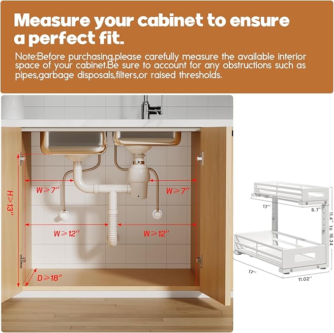 2-Pack 17"Deep Under Sink Organizer And Storage, 2-Tier L-Shaped Pull Out Cabinet Organizer with Upgraded Slide Rails, Height Adjustable Drawers for Kitchen&Bathroom, Extra-Large Storage Shelves–White - Image 2