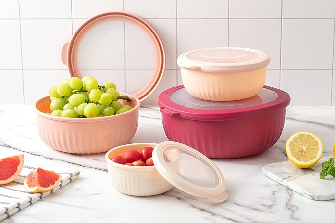 COOK WITH COLOR Prep Bowls with Lids- Wide and Deep Nesting Plastic Small Mixing Bowl Set with Lids, 8 Piece Set - Wide Bowls, Rose - Image 8