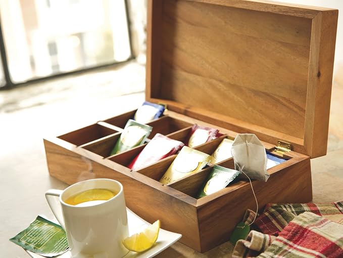 Ironwood Gourmet Rectangular Vauxhall Double Tea Box, Acacia Wood,Brown, 10 Compartment | Store & Display Your Tea Bag Collection | Beautiful Acacia Wood Tea Box Organizer With Lid | Stores Jewelry & Craft Supplies - Image 4