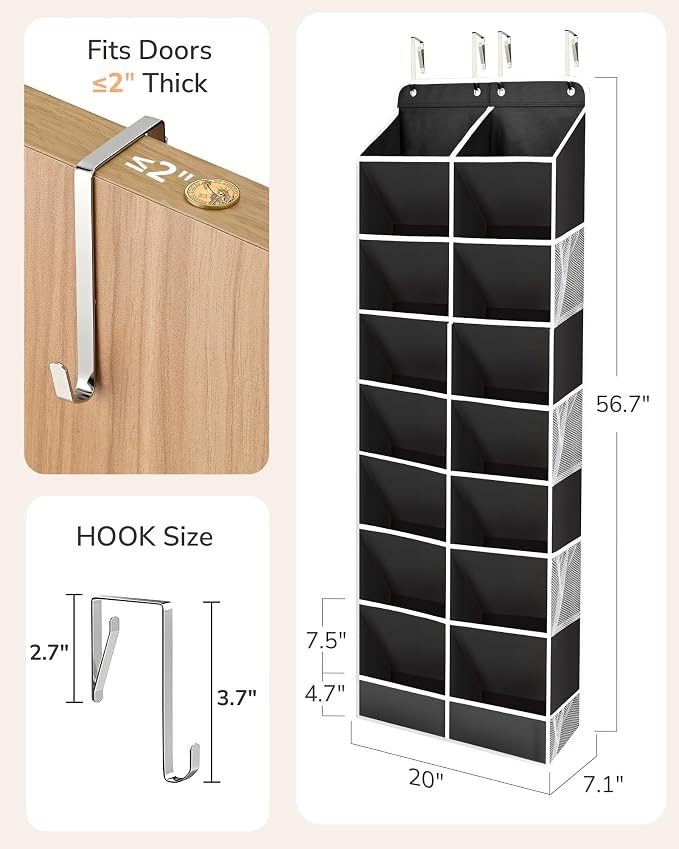 ULG Over The Door Shoe Organizer with 16 Large Pockets, Hanging Shoe Rack for Closet Door, Space Saving Shoe Storage Black - Image 2