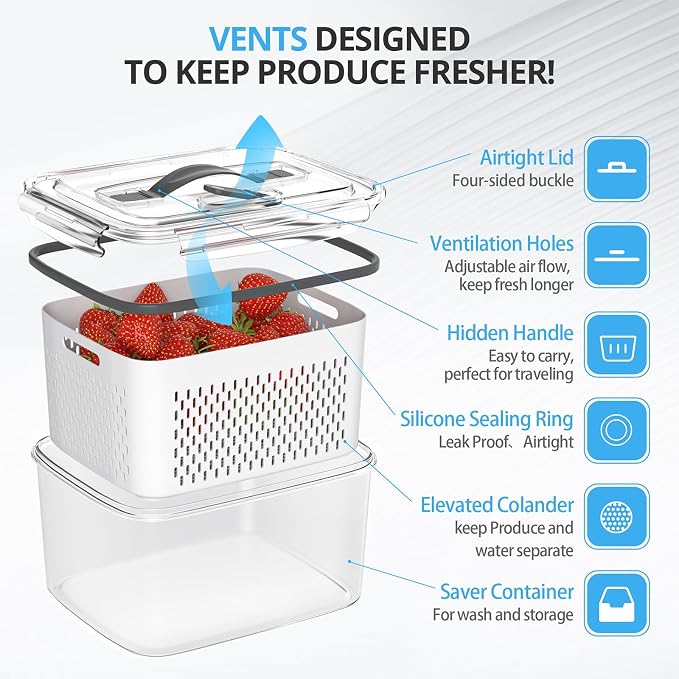 damynuo 10Pack Fruit Storage Containers for Fridge - Berry Containers with Vent and Handle Lids, Fruit Containers for Fridge with Colander, lettuce keeper for Refrigerator Organizers and Storage - Image 3