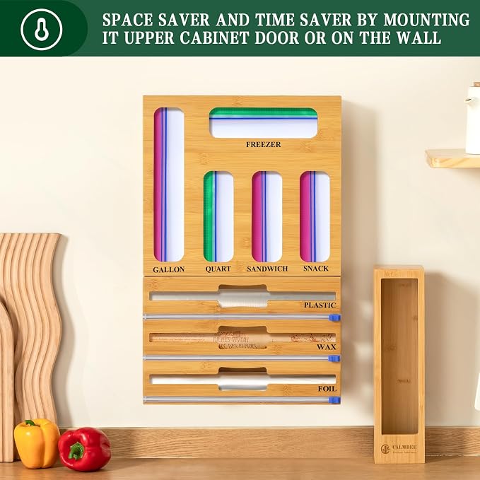 Calmbee 9 in 1 Bamboo Storage Bag Organizer for Kitchen Drawer – Plastic Wrap Dispenser with Cutter & Foil Organizer, Wooden Baggie Organizer for Sandwich, Snack, Gallon, Quart Sizes, Natural - Image 6