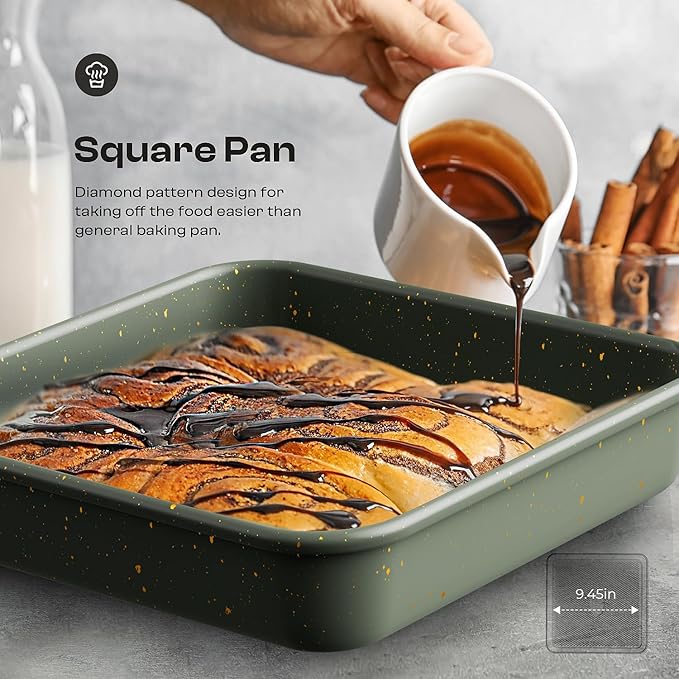 8-Piece Nonstick Bakeware Set, Stackable Oven Pan Set, Baking Pans Set | Includes Baking Sheet, Muffin Pan, Cake Pan, Square Pan, Loaf Pan, Cookie Sheet & Cooling Rack (Ceramic Coated Green) - Image 2