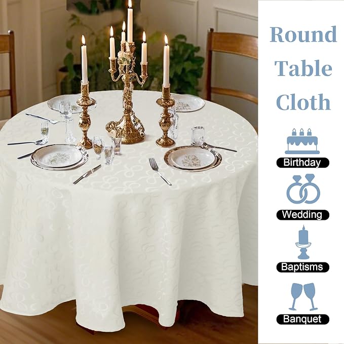 White Round Tablecloth 70 Inch Cloth for 5ft Tables (4-6 Seats) - Cotton & Polyester - Wrinkle/Fade Resistant - Washable & Reusable - 1PC Circle Table Cover for Wedding, Party & Dining, Bows Jacquard - Image 4