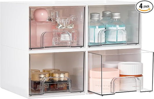 Vtopmart 4 Pack Small Stackable Storage Drawers, White | Bathroom Makeup Accessories Organizer, Plastic Bins For Desk, Vanity, Undersink, Medicine Cabinet ,Home Organization by Vtopmart