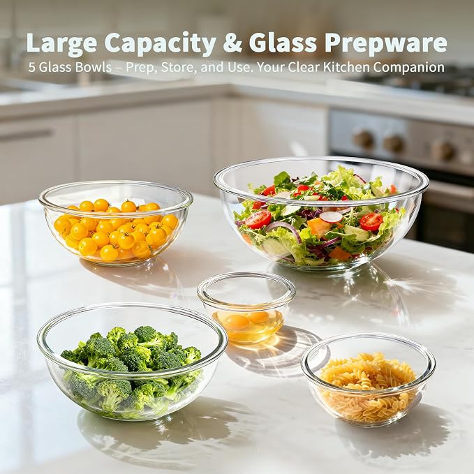 WhiteRhino Glass Mixing Bowl with Lids Set of 5, 0.2, 0.5, 1.1, 2.1, 3.75 QT, Large Salad Bowls with BPA-Free Lids, Space-Saving Nesting Bowls for Kitchen Food Storage, Glass bowl for Cooking, Baking - Image 3
