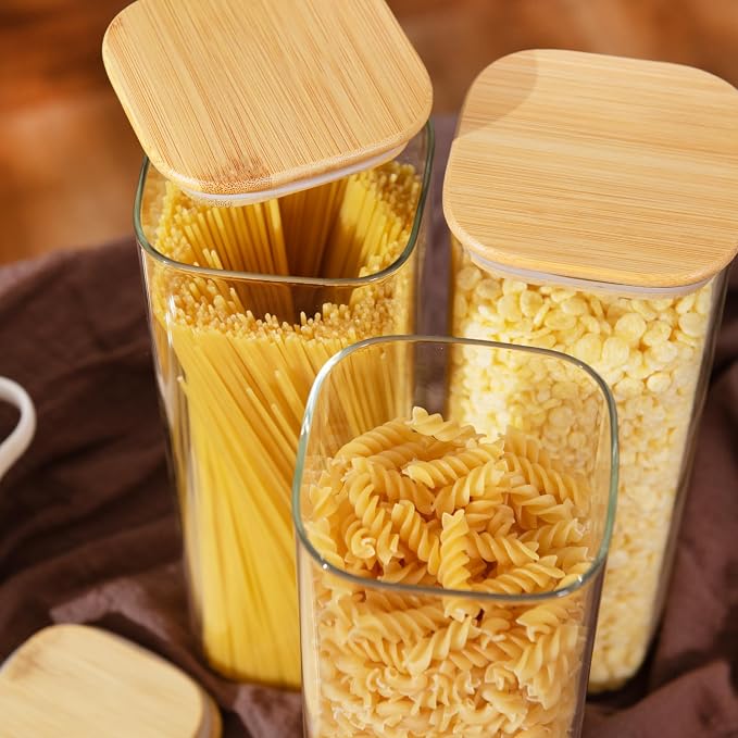 D2scrma 71oz Glass Square Storage Containers with Bamboo Lids Set of 3 (2100ml) Tall Food Storage Canisters Kitchen Jars for Pantry Organization Pasta, Penne, Macaroni, Lasagna, Fusilli - Image 8