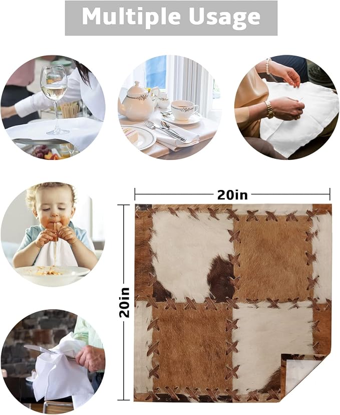 Brown White Geometric Cloth Napkins Set of 8, Retro Plush Cowhide Texture Dinner Napkins Cloth Washable, Cocktail Napkins Reusable for Wedding, Party, Birthday (20"x20") - Image 5