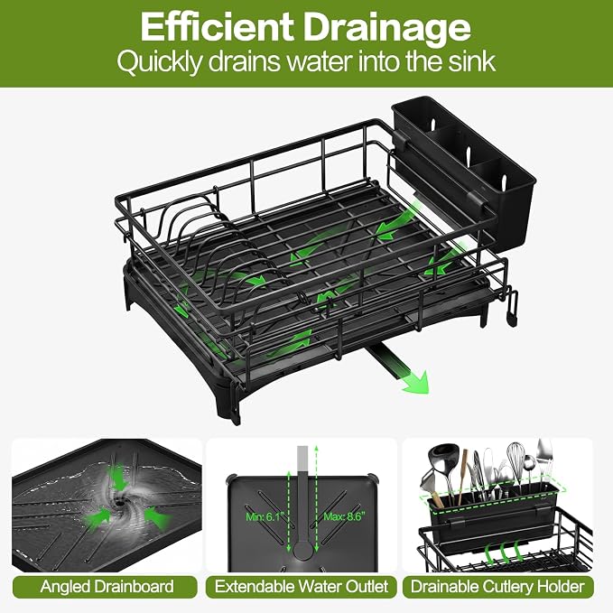 Expandable Over Sink Dish Drying Rack (12.6"-20.5"), Rustproof Metal Dish Drainer with Auto-Draining Tray & Utensil Holder, Large Capacity Sink Organizer for Kitchen Counter, Fits Most Sinks - Black - Image 5