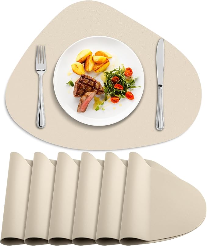Faux Leather Placemats Set of 6, Wipeable & Washable Table Mats | Waterproof, Heat-Resistant & Easy to Clean Round Place Mats for Dining & Kitchen, 17''x13'', Beige by Delicateandelegantplacemats