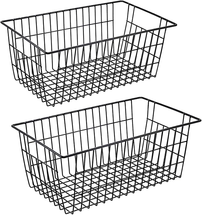 Redrubbit Wire Storage Baskets, Large Farmhouse Metal Freezer Basket Storage Organizer Bins with Handles for Kitchen Cabinets, Pantry, Closets, Bedrooms, Bathrooms, Set of 2, Black by Redrubbit