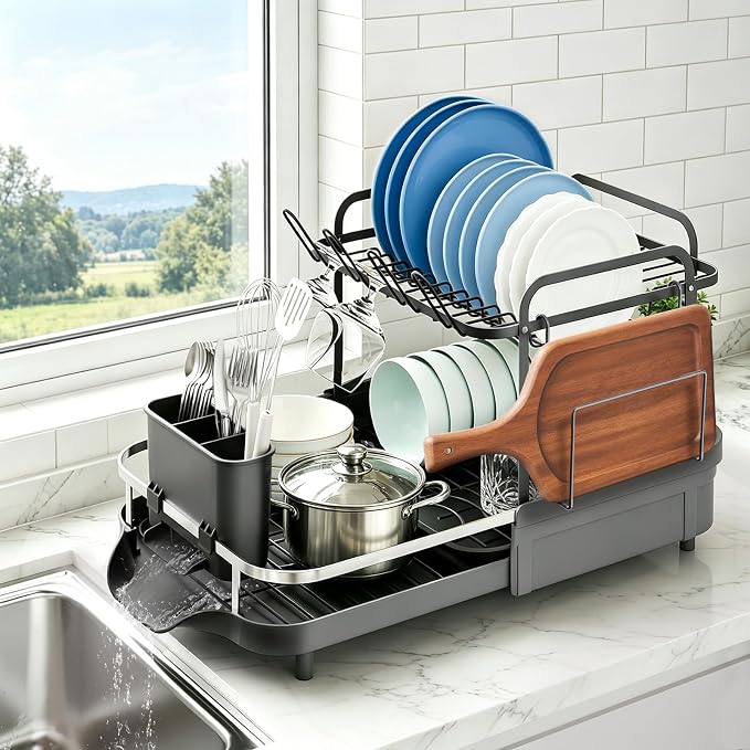 Expandable Stainless Steel 2-Tier Large Capacity Dish Drying Rack, Auto Drain Kitchen Counter Drainer with Rotatable Multi-Slot, Drainboard, Utensil, Cup Cutting Board Holder, 15"-22.4" Adjustable by Unknown