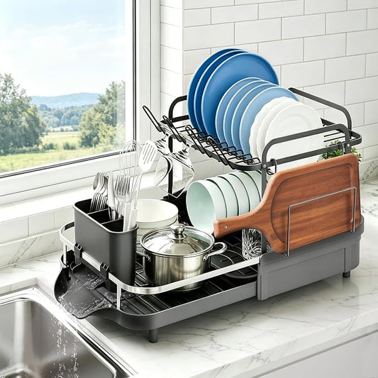 Expandable Stainless Steel 2-Tier Large Capacity Dish Drying Rack, Auto Drain Kitchen Counter Drainer with Rotatable Multi-Slot, Drainboard, Utensil, Cup Cutting Board Holder, 15"-22.4" Adjustable by Unknown