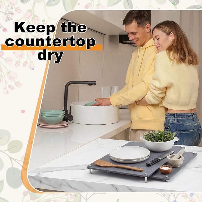 2 Tiers 24"x16" & 20"x16" Large Nesting Stone Dish Drying Mats for Kitchen Counter Absorbent Quick Dry Diatomaceous Earth Mat with Non-slip Feet for Pot Dishes Tableware (Dark Gray) - Image 5