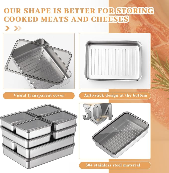 Hushee 9 Pack Bacon Cheese Container for Refrigerator, 304 Stainless Steel Airtight Deli Meat Container, Dishwasher Safe Fridge Storage Fruit Lunch Storage with Lids for Fridge, 4 Sizes - Image 4
