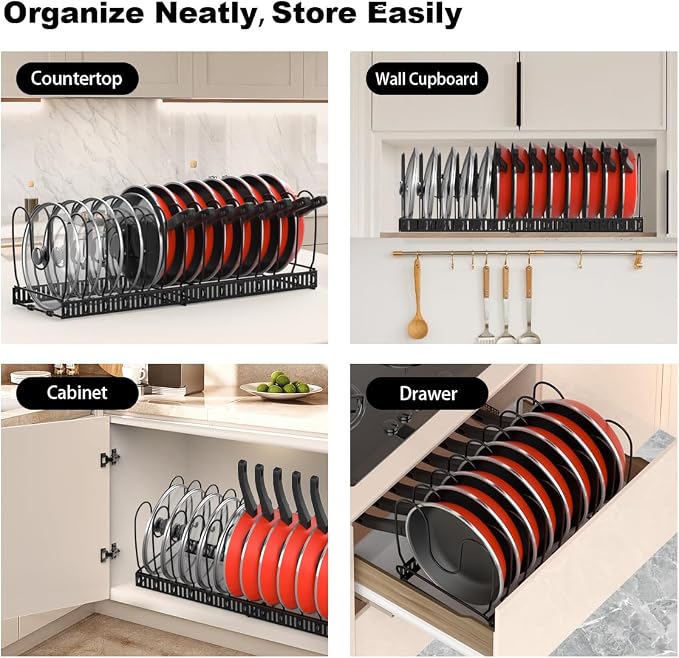 Housolution 2 Pack Pot and Pan Lid Organizer Holder Storage Rack, Black | 12"-23" Expandable, 14 Adjustable Dividers, Sturdy Metal Construction, Easy Assembly - Image 6