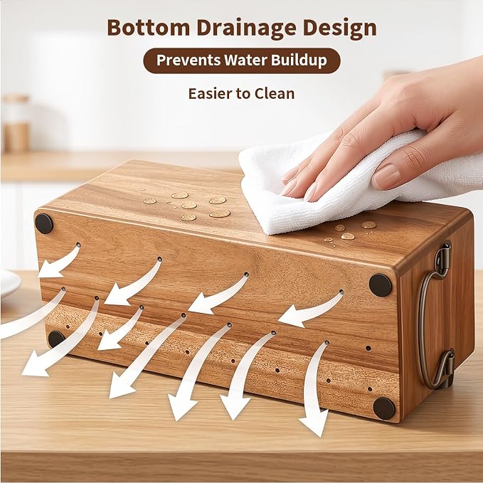 Kitchen Utensil Holder for Countertop Wooden Utensil Organizer with 5 Compartment Utensil Holder Durable Utensil Organizer Large Utensil Rack with Drain Holes Side Handles Stores Cooking Tools - Image 3