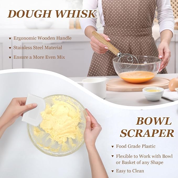 Sourdough Bread Baking Supplies, Sourdough Starter Kit, 2 9 Inch Round Banneton Bread Proofing Basket with 24 Oz Glass Jar, Sour Dough Tools with Danish Dough Whisk & Scraper - Image 4