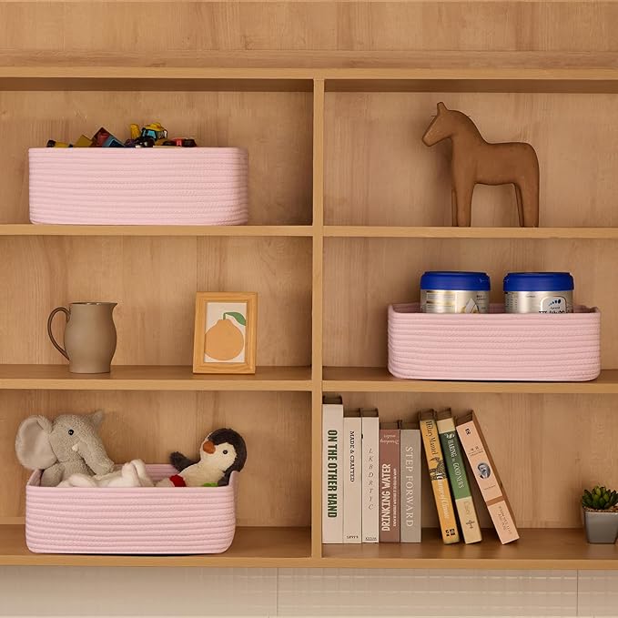 MiniArk Large Shallow Organizing Baskets 15x11x5.1 Inches - Rope Woven Storage Bins for Bathroom, Shelves, Cube Closet, Light Pink 2 Packs - Image 3