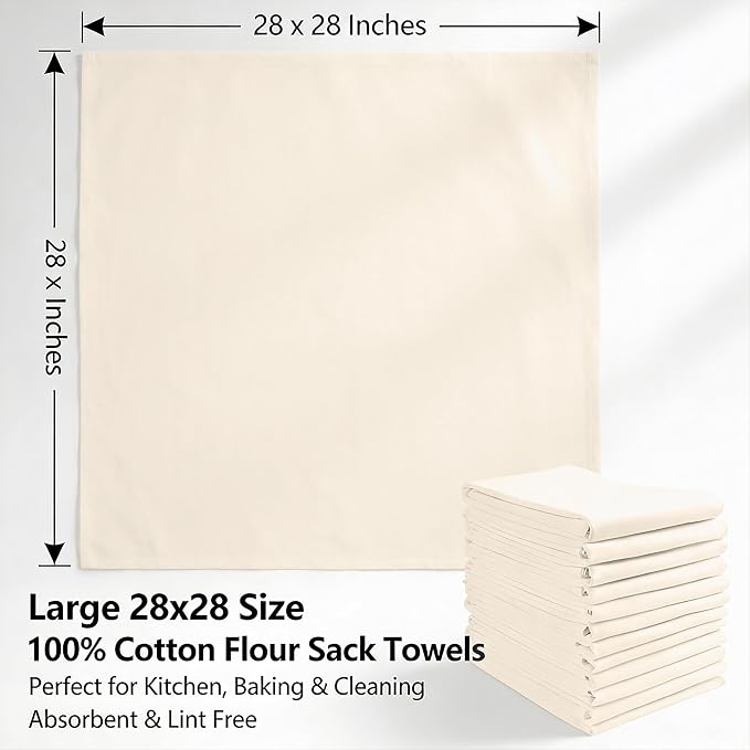 Flour Sack Towels – 15 Pack, 28x28 Inch, 100% Cotton – Flour Sack Dish Towels for Drying Dishes, Baking, Bread Proofing, Crafting & Embroidery – Reusable Beige Kitchen Towel - Image 3
