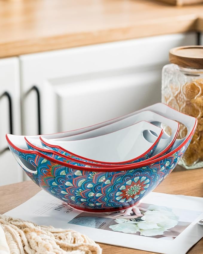 LAUCHUH Serving Dishes, Porcelain Bohemian Serving Bowls with Handles | Mixing Bowls Set Salad Bowls Nesting Bowls for Entertaining, Thanksgiving Party, Bowl Set of 3, 15/28/49 oz, Blue and Yellow - Image 3