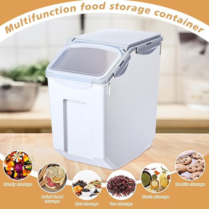 4 Pack Rice Storage Container With Wheels Plastic Airtight Lid Flour Container Bin for Dog Pet Cereal Grain Dry Food, 15 Liter / 30 lbs (Gray) - Image 4
