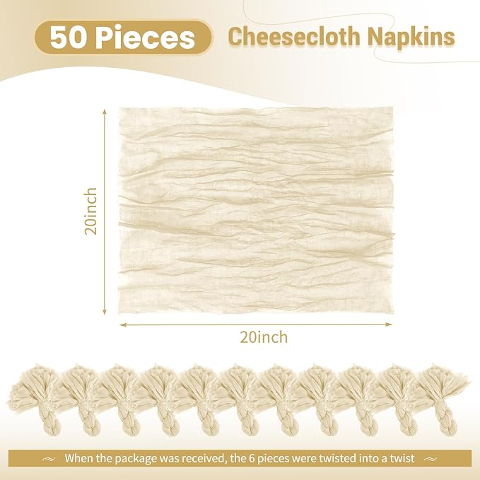 50 Pack Ivory Cloth Napkins 20x20Inch Cheesecloth Napkins | Elegant Cloth Napkins for Table, Washable Rustic Boho Gauze Napkins, for Wedding Party Bridal Baby Shower Dinner Decor - Image 2