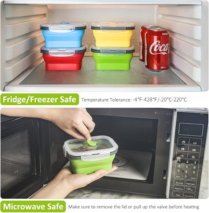 Collapsible Food Storage Containers with Airtight Lid, 11.8 oz, Small Kitchen Stacking Silicone Collapsible Meal Prep Container Set for Leftover, Microwave Freezer Dishwasher Safe, 4 Colors, Set of 4 - Image 4