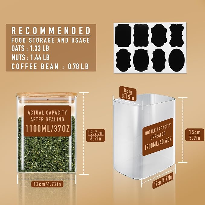 D2scrma 37oz Rectangle Airtight Glass Storage Containers with Bamboo Lids (Set of 4), Square Food Storage Jar, Pantry Organizers for Cereal, Nuts, Snacks and Coffee beans (‎with Black Lable) - Image 2