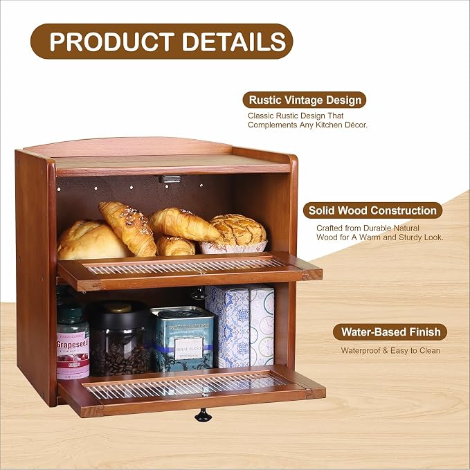 Large Wooden Bread Box for Kitchen Countertop, 2-Tier, Teak | Clear Acrylic Window Spacious Bread Storage Farmhouse Style Pantry Organization For Homemade Bread and Bagels - Image 4