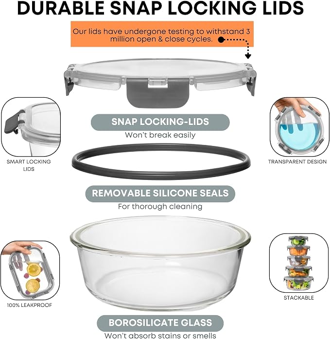 Razab 30 PC Glass Food Storage Containers with Lids - Reusable Glass Meal Prep Containers for Lunch and Leftovers - Airtight & Leakproof Snap Locking Lids - Oven, Freezer, Microwave & Dishwasher Safe - Image 3