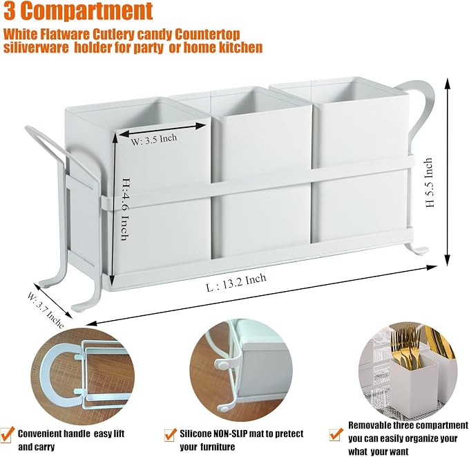 NelyBet White Metal Utensil Caddy, 3 Compartments, Portable Design, Perfect for Countertop, Outdoor, and Camping - Image 3