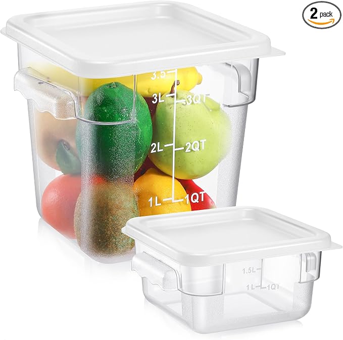 FoldTier 2 Pieces Square Food Storage Containers Polycarbonate Clear food Container with Lid Commercial Storage with Graduations for Commercial Kitchen Dough Marinating Meat (White,2 Qt,4 Qt) by FoldTier